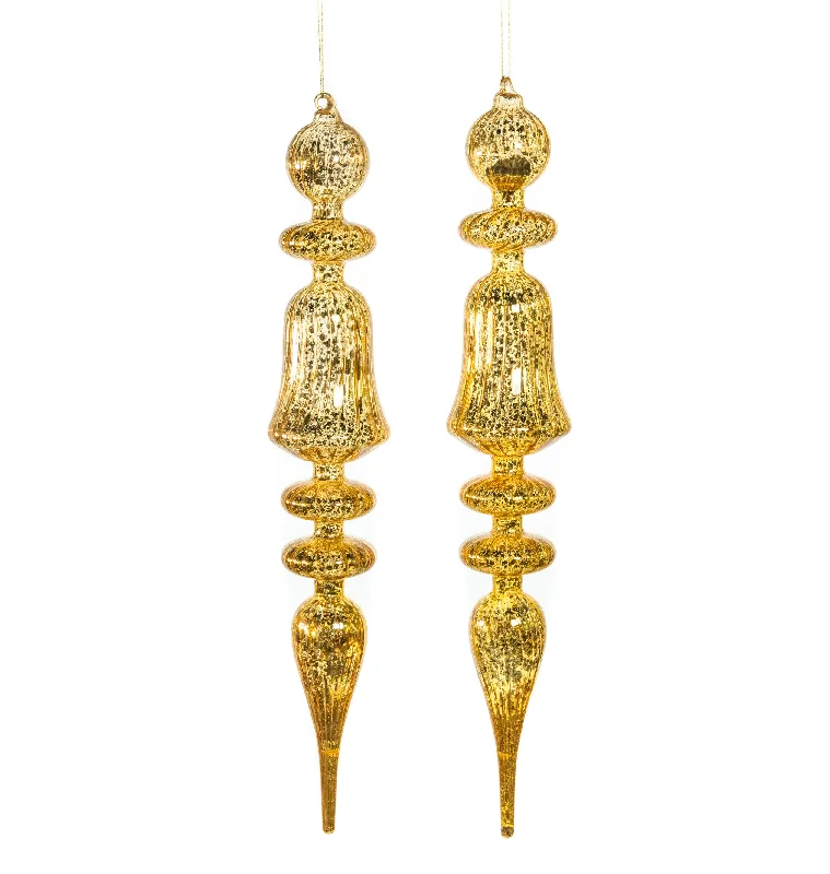 21" Glass Gold Finial Ornament Set Of 2