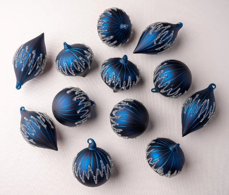 4" Blue Matte Decorative Ornaments Assorted Set Of 12