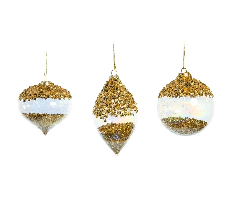 4" Crystal Gold Ornament With Gold Beads Set Of 12