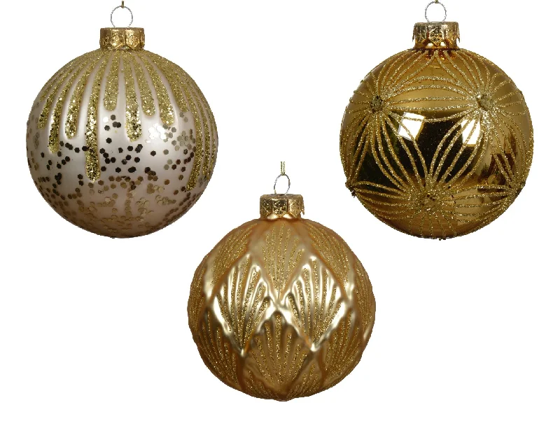 4" Gold Glitter Glass Ornament Set Of 12