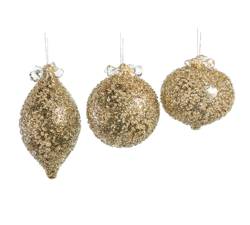 5" Champagne Beaded Ornament Assorted Set Of 9