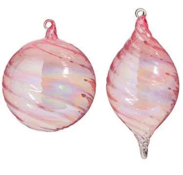 5" Pink Swirl Glass Ornament Set Of 2