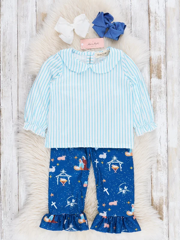 Blue Nativity Ruffle Pajamas