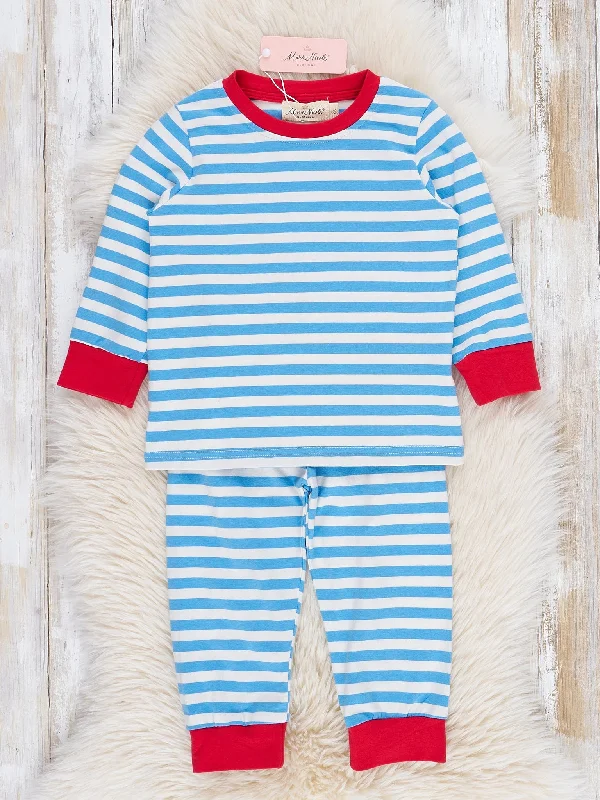 Blue Striped Embroidered Santa Cookies Pajamas