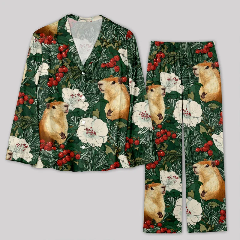 Christmas Pine Branch Holly Plant Squirrel Pajamas Set