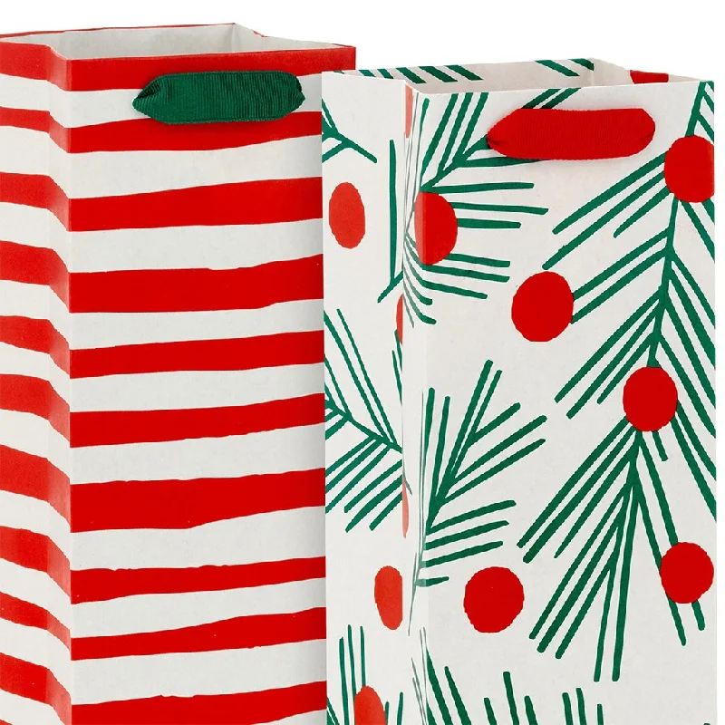 Hallmark : 13" Peppermint Stripe and Pine With Berries 2-Pack Christmas Wine Gift Bags