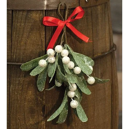 Glittered Mistletoe Bunch w Red Ribbon