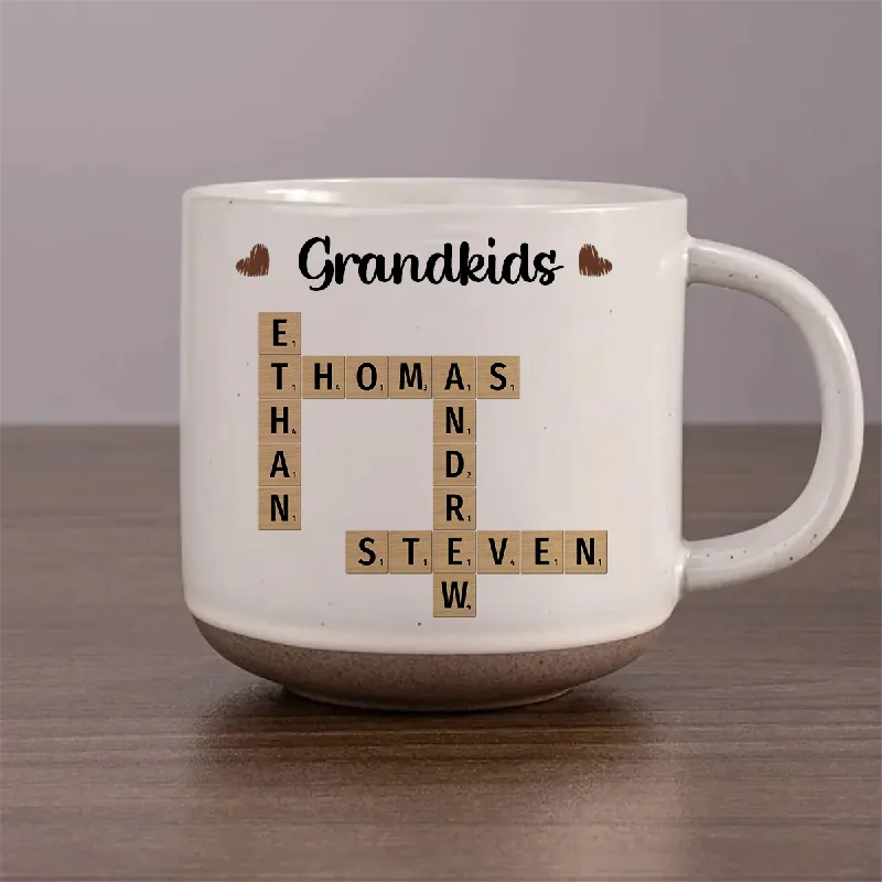 Grandkids Crossword Puzzle Art Personalized Pottery Mug, Christmas Gift For Grandma, Gift For Mom