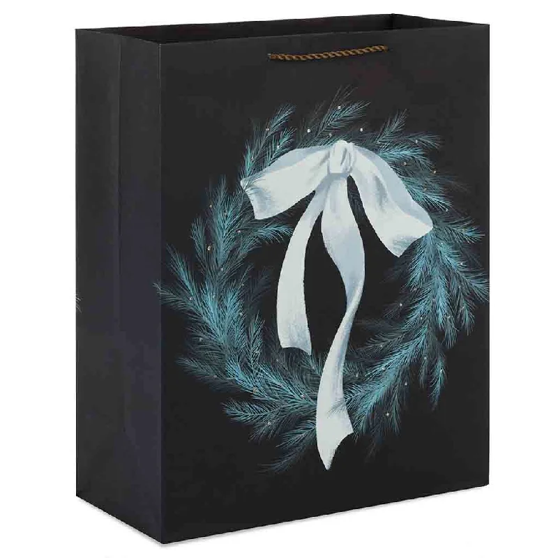 Hallmark : 15.5" Feathery Pine Wreath on Black Extra-Large Holiday Gift Bag