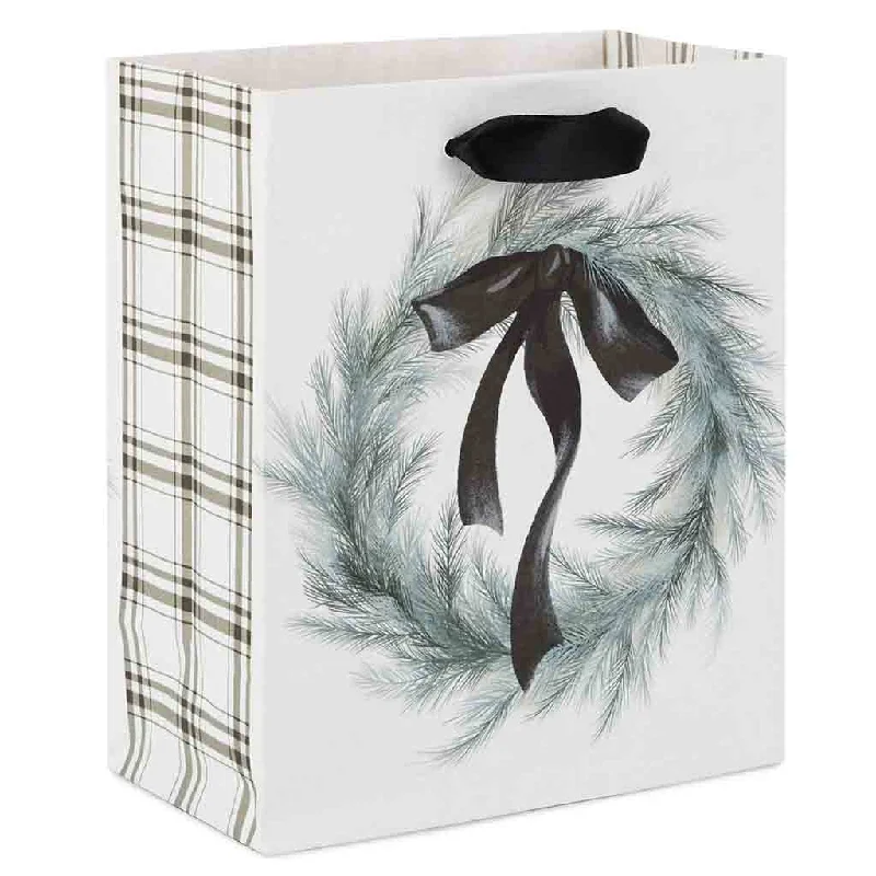 Hallmark : 6.5" Feathery Pine Wreath on White Small Holiday Gift Bag