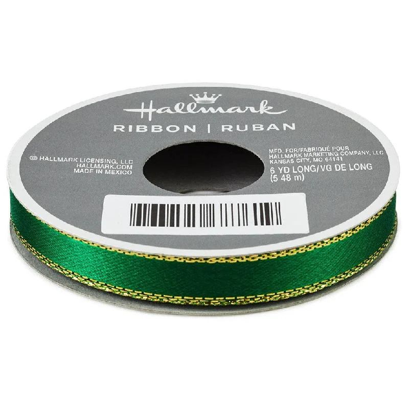 Hallmark : Forest Green 0.3" Satin Ribbon With Gold Edges, 18'