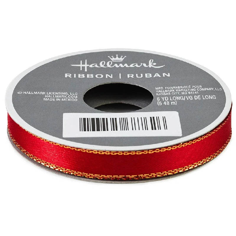 Hallmark : Red 0.3" Satin Ribbon With Gold Edges, 18'