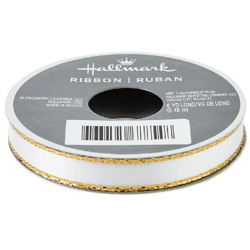 Hallmark : White 0.3" Satin Ribbon With Gold Edges, 18'