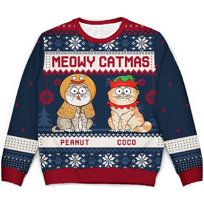 Meowy Catmas Funny Cartoon Cats - Christmas Gift For Cat Lovers, Cat Moms, Cat Dads - Personalized Unisex Ugly Sweater