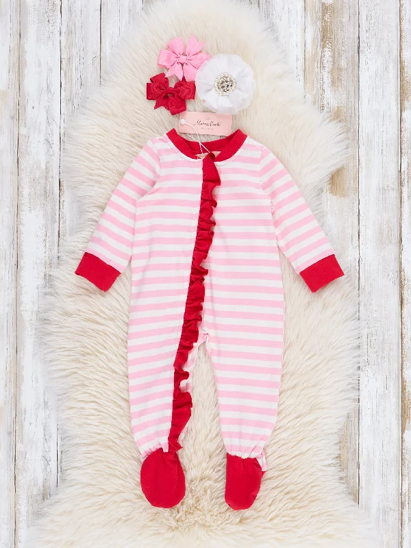 Pink Striped Embroidered Santa Cookies Footed Sleeper Pajamas