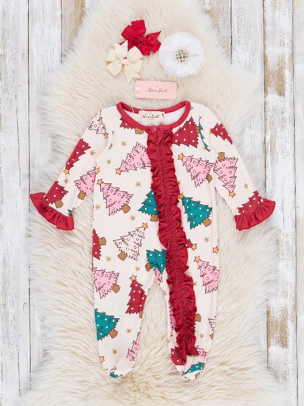 Red & Green Whimsy Trees Footed Sleeper Pajamas