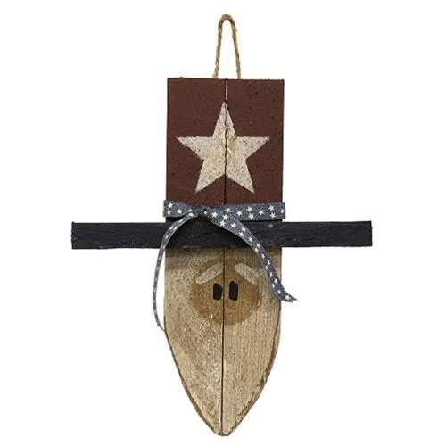 Rustic Distressed Wood Uncle Sam Ornament w Ribbon