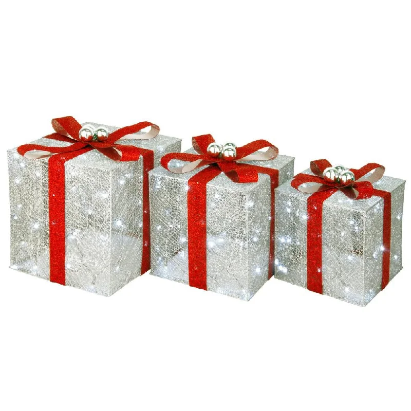 Set of 3 Pre-Lit Crystal Champagne Gift Box Sculptures