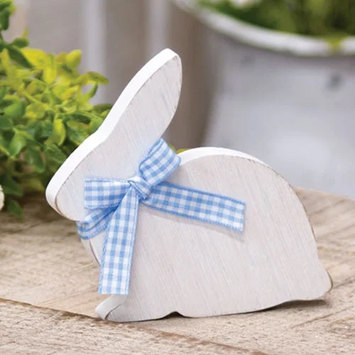 White Wooden Bunny Sitter w Blue & White Buffalo Check Ribbon