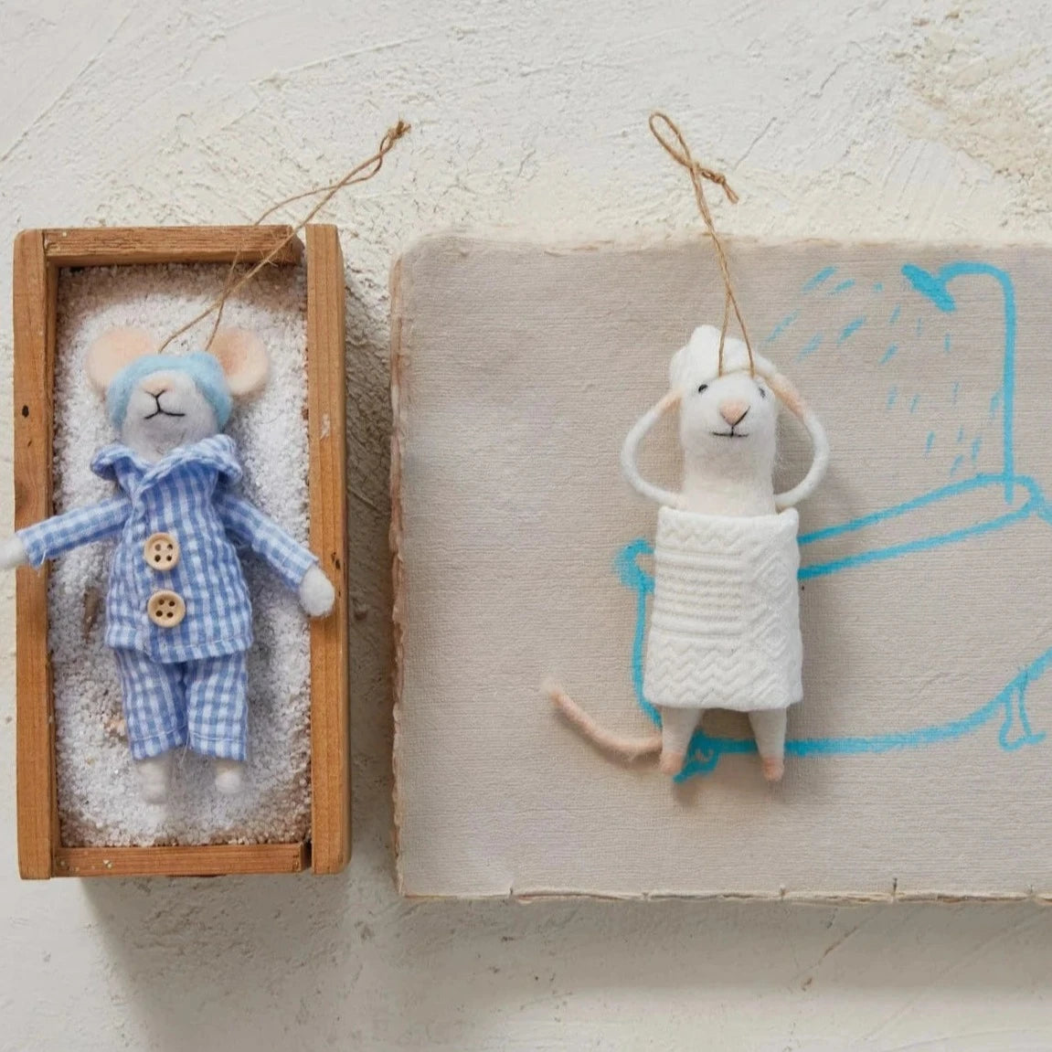 Wool Felt Mouse In Pajamas & Towel Ornament