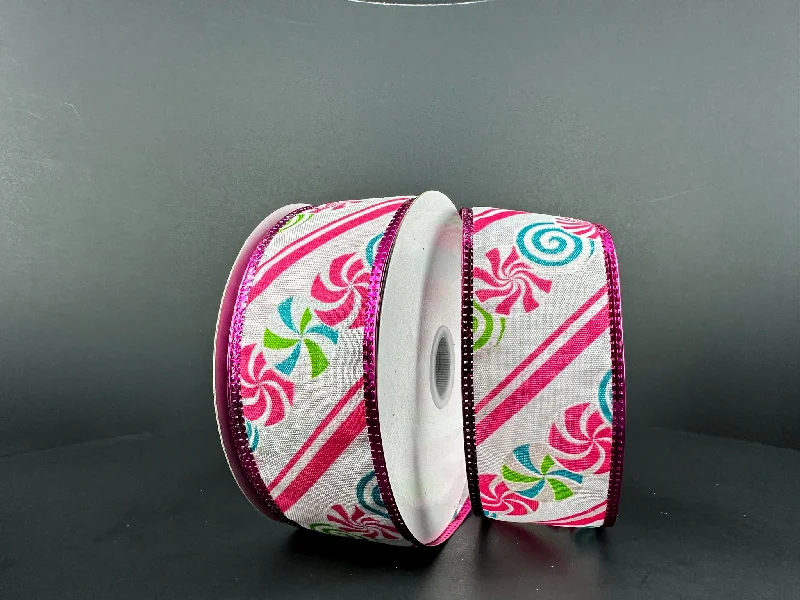 1.5"X10Y White Linen/Christmas Candy-Fuchsia-White Diagonal Stripe-Fuchsia Metallic Edge Ribbon 76307-09-44