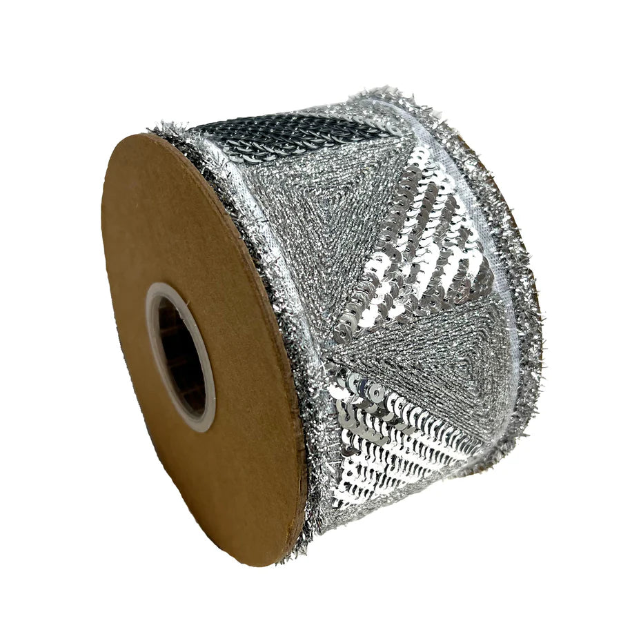 2.5" Silver Sequin Trim with Dupioni Backing Wired Ribbon 8003W-012-63C