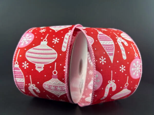 2.5"X10Y Red Satin/Hanging Pink-White Ornaments Ribbon 71410-40-44