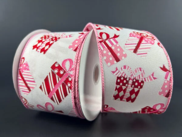 2.5"X10Y White Diagonal Linen/Red-Pink-Iridescent Glitter Wrapped Gifts Ribbon 71413-40-03