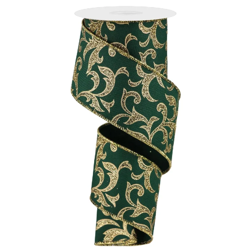 2.5"X10Yd Acanthus Leaf Hunter Green/Gold Ribbon RGE18433C