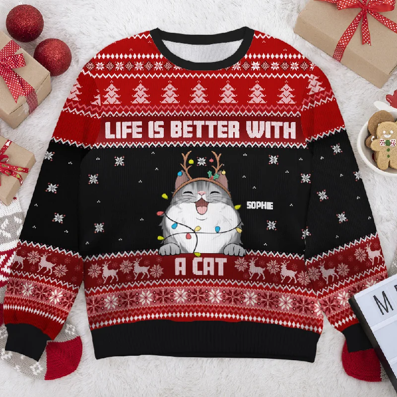 Life Is Better With Cats - Personalized Custom Unisex Ugly Christmas Sweatshirt, Wool Sweatshirt, All-Over-Print Sweatshirt - Gift For Cat Lovers, Pet Lovers, Christmas Gift